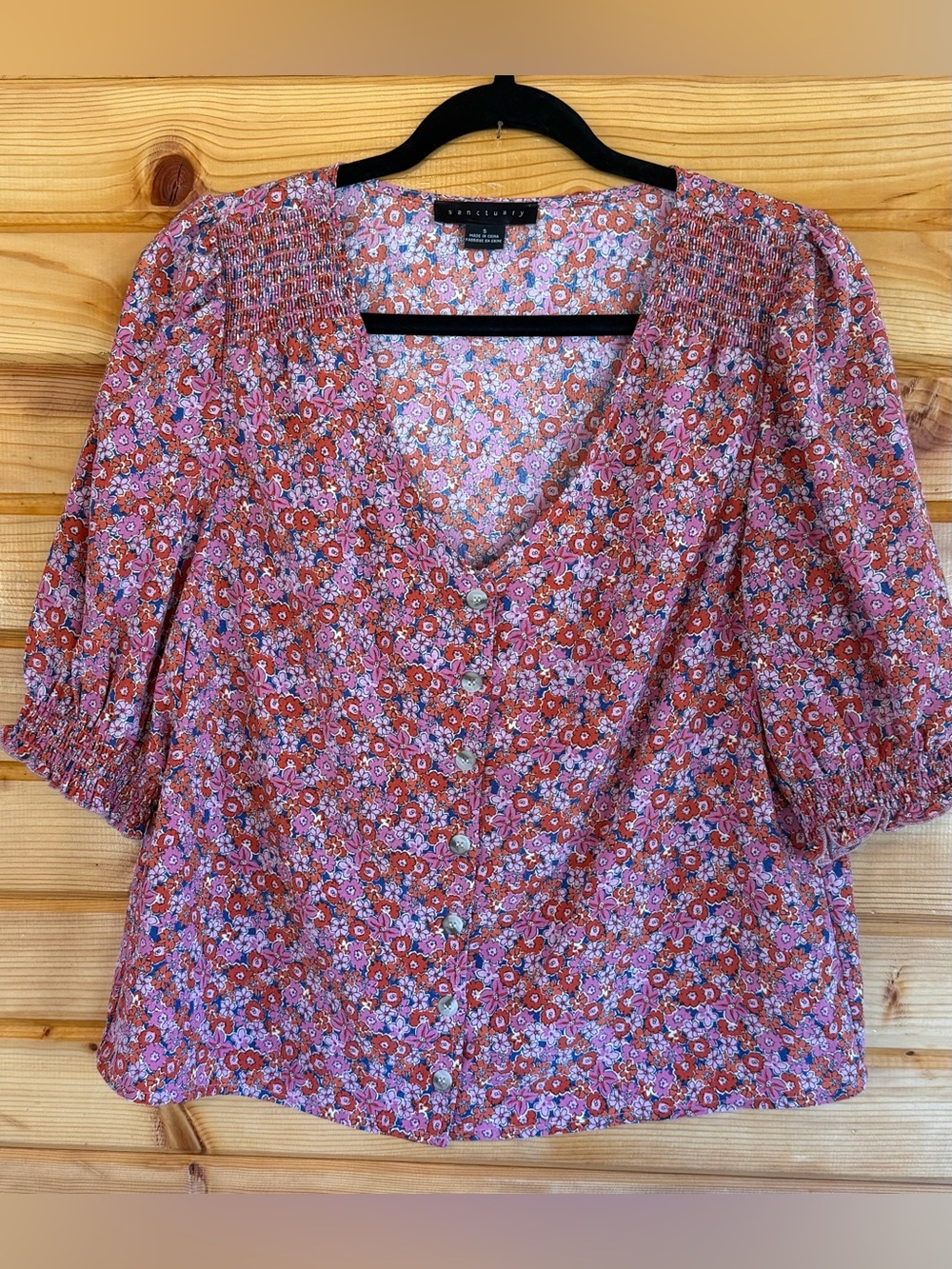 Sanctuary Rose Multi Floral Button-Front Puff Sleeve Top